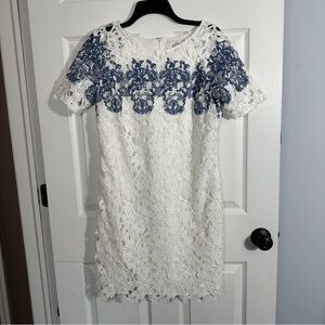 Belle Bagdley Mischka size 8 white and blue openwork lace dress, short sleeve
